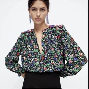 ZARA SZ M Patchwork Floral Flowy :Light Long Sleeve Blouse TOP Boho Coquette